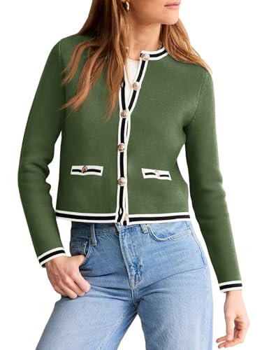 Image of Saodimallsu Womens Cropped Cardigans Crew Neck Color Block Button Down Long Sleeve Fall Knit Sweater Jackets