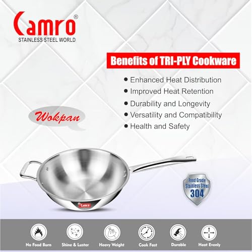 Image of Camro Triply Artisian Wok Pan 24 Cm, 3.1 Liters | Heavy-Duty Kadai for Noodles, Fried Rice Perfect Grip Traditional Chinese Cooking | Dishwasher Safe | 6 Years Warranty