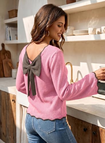 Dokotoo Sweaters for Women Long Sleeve Back Bow Sweaters Round Neck Ruffle 2026 Fall Outfits Color Block Pullover Tops Casual Business Winter Blouse Knit Lightweight Pullover Sweaters Pink XXL — view 4