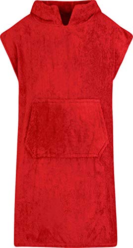 Childrens Hooded 100% Cotton Changing Robe with Pocket Beach Terry Towelling Poncho Towel Swimming Surf (Red, Age 6-9)
