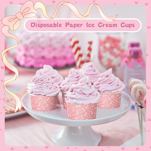 Image of Maxdot 60 Pcs 3 oz Paper Ice Cream Cup Disposable Dessert Western Cup Paper Yogurt Snack Bowl Bulk for Hot and Cold Food Ice Cream or Mousse for Birthday Valentine Party Supplies(Pink,Bow Knot)
