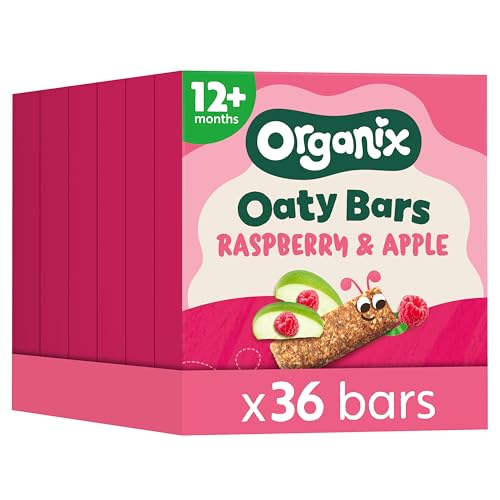 Organix Raspberry and Apple Organic Oaty Snack Bars Multipack Toddler Snack 12+ Months No Added Sugar 6 x 23 g Bars Per Box (6 Boxes Total) - Packaging May Vary