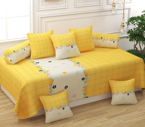 Image of Cotton 8 Piece Diwan Set 1 Bed Sheet 2 Bolster Cover 5 pcs Cushion Cover (White & Yellow)