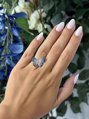 LE VIAN 1 1/4 Carat Sapphire Ombre Butterfly Ring for Women | 14k White Gold Statement Pave Ring for Her 1/5 Carat White Sapphire Anniversary Wedding Promise Band Size 6 to 72