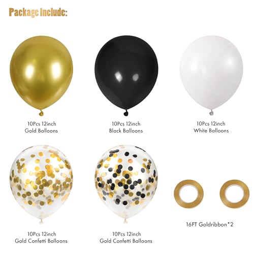 Image of CANREVEL 50pcs 12 Inches Black Gold Confetti Balloons Kit, Metallic Gold and Black White Party Balloons with Ribbons for Birthday, Baby Shower, Graduation, New Year Decorations