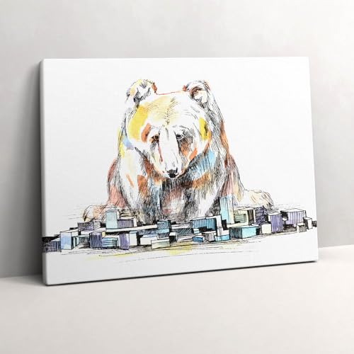 Grand Tableaux 80x60cm Peinture Murale Décoration Ours Ville Abstraite d'Art