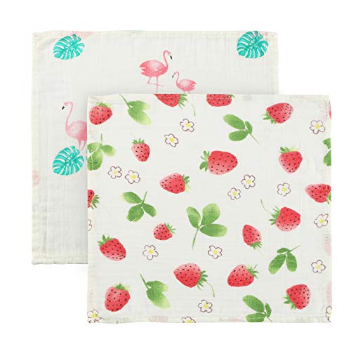 Baby Muslin Washcloth Wipe Flamingo & Strawberry Printed face wash Towel Square Set of 2 (for Girls)
