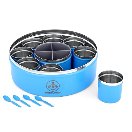 Image of 12-in-1 Stainless Steel Spice Box (Azure Blue) | Masala Dabba with 8 Containers + 1 Divider Box (4 Sections) + 3 Spoons | Airtight, Premium Coated Finish, Kitchen Organizer