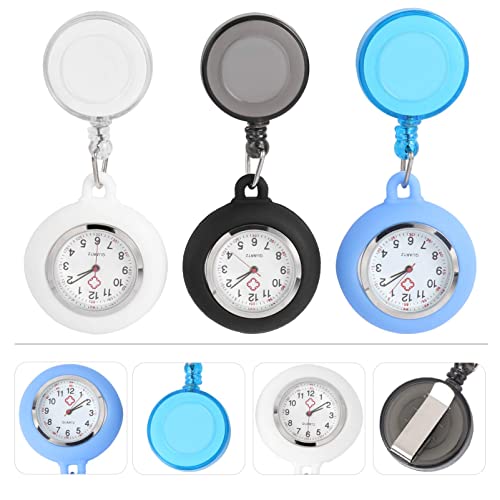 ELECDON Nurse Watch Retractable Nurse Watches Clip-on Nurses Watch Silicone Fob Watches with Second Hand for Nurses Pocket Quartz Watch for Nurse Gift 3 Pcs (Black, Light Blue, White)