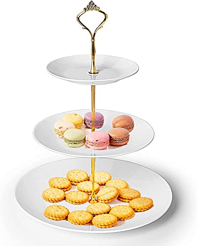 CofeLife 3 Tier Ceramic Cake Stand - Elegant Dessert Cupcake Stand - Pastry Serving Tray Platter for Tea Party, Wedding and Birthday (White Gold)