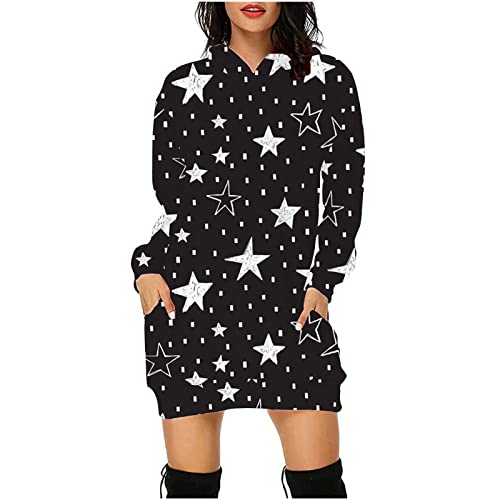 PODOLIXIA Robe de Noël pour femme Robes Pull Santa Claus et Neige Imprimé Manches Longues Col Rond Élégant Costumes de Noël pour Printemps Sweat à capuche Drôle Fête de Noël Robe cavalier, Noir , XXL Cover