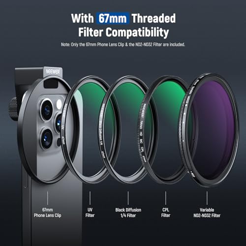 Image of NEEWER 67mm Clip On Variable ND Filter Kit with Cold Shoe Phone Clip, Adjustable ND2-32 Filter Compatible with iPhone 17 16 15 Pro Max Plus Android Samsung Galaxy S24 S25 Ultra