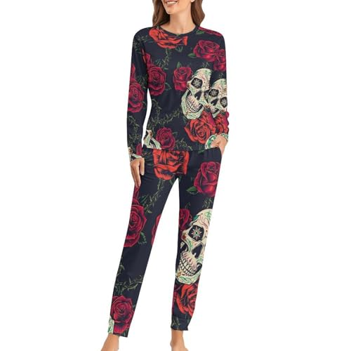 Ensemble de pyjama femme crâne roses avec t-shirt manches longues et pantalon homewear
