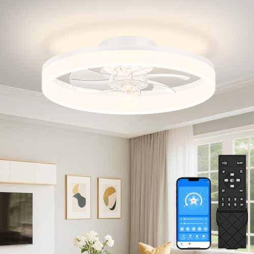 Image of VOLISUN Low Profile Ceiling Fans with Lights and Remote, 16in Fandelier Ceiling Fan Flush Mount, 3000K-6500K Smart Bladeless LED Fan Light, White Modern Ceiling Fans with Lights for Bedroom