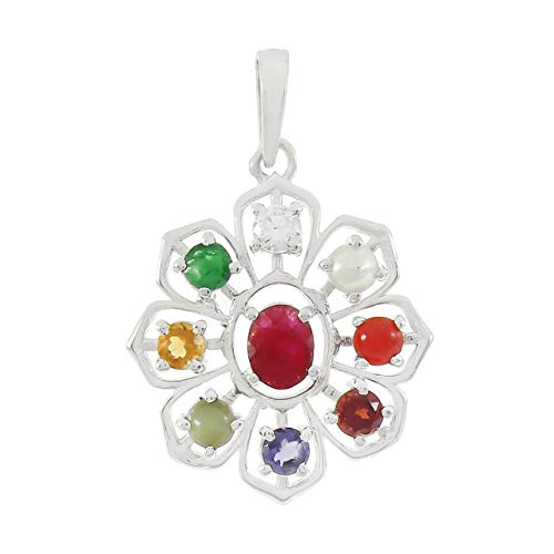 Colgante Navratna de plata de ley 925 con piedras preciosas naturales para hombre y mujer