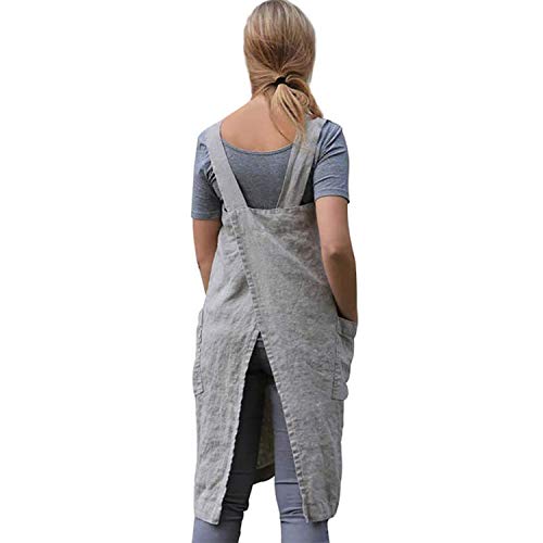 Vlzufe Cotton Linen Apron For Women Cross Back Apron Pinafore Dress For Baking Cooking Gardening Work #TOP2