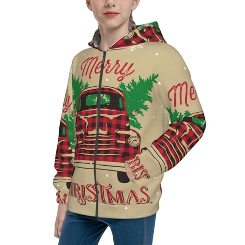 Christmas Vintage Red Truck Kid Hoodies Boys Zip Up Sweatshirts Girls Pullover with Pocket