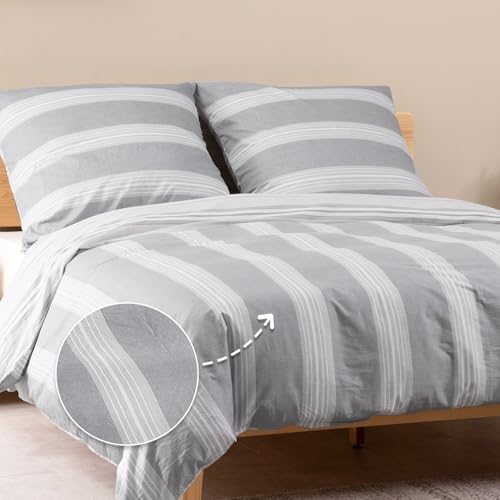 ATsense Bettwäsche 135x200 Baumwolle, 4 teilig Wende Bettwäsche-Sets mit Weiß&Grau Gestreiftes… – Ansicht 2