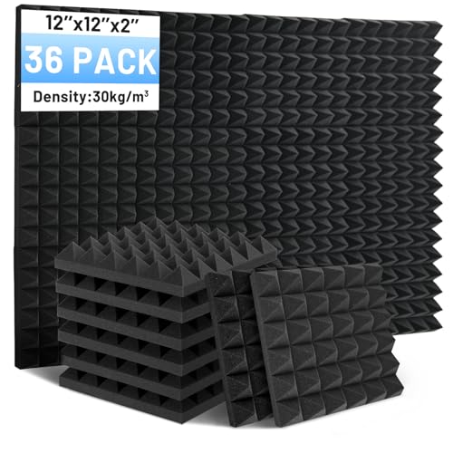 Focusound 36-Pack 12x12x2" Pyramid Acoustic Foam Panels (Black)