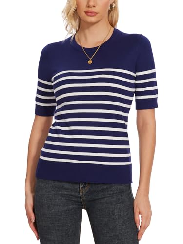 Image of Spicy Sandia Women's Short Sleeve Sweater Casual Knit Pullover Top for Summer Lightweight Blue and White Striped 2XL