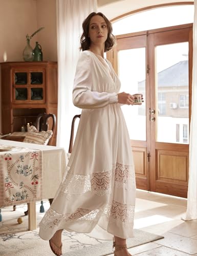 Image of Olaesa Long Sleeve Boho Maxi Dress for Women Lace Wedding Guest Dress | Spring Fall Bohemian Dress, Long Flowy Family Photo Dress with Pockets, V Neck Long Western Vacation Outfits
