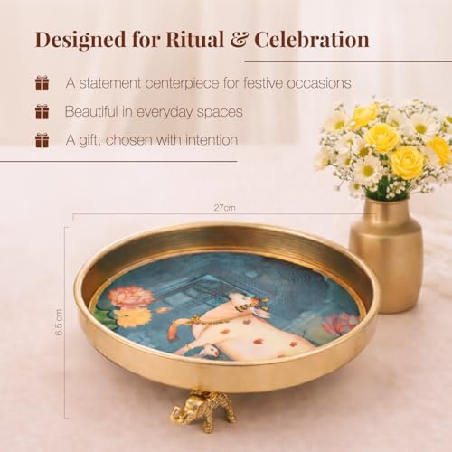 Image of Pichwai Art Kamadhenu Urli Bowl with Elephant Base | 10-Inch Decorative Metal Urli for Floating Flowers, Diya & Candle | Brass Finish Home Decor for Diwali, Pooja, & Table Centerpiece