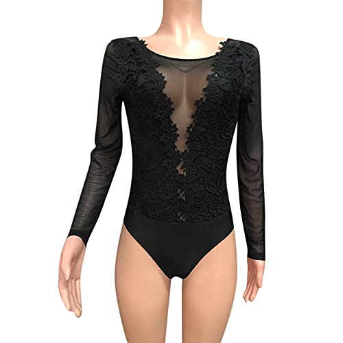 Image of RARITYUS Women Sexy Lace Bodysuit Jumpsuit See Through Mesh Sleeveless /Long Sleeve Tops Swimsuit for Party Outfit