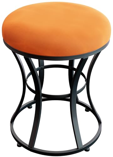 Ellensamqi Velvet Round Footrest Stool Ottoman, Makeup Vanity Stool Side Table, Velvet Dressing Table Seat, Pouf Couch Stool, Blacken Steel Legs, Orange