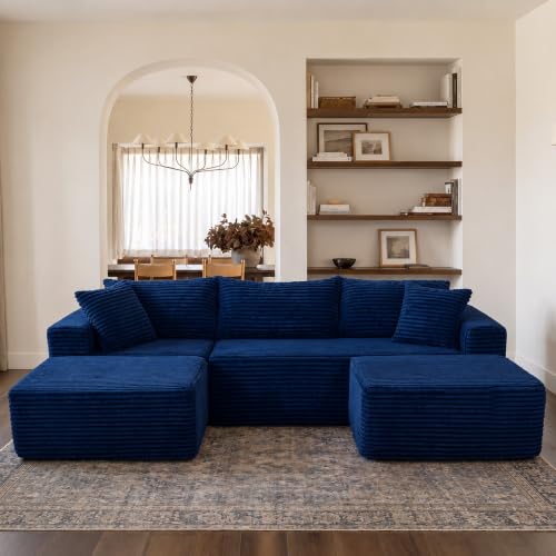 Image of Claiks 94 inch Boneless Couch, U-Shape Corduroy Sectional Sofa, Blue