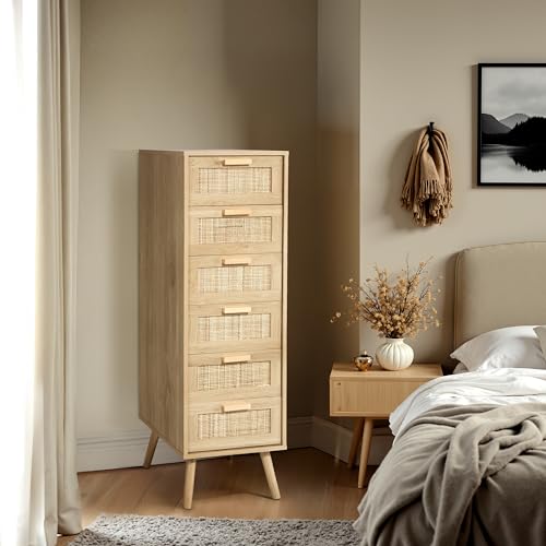 Image of Finnhomy Rattan Dresser for Bedroom, Tall Dresser with 6 Hand Made Rattan Decorated Drawers, Small Chest of Drawers for Living Room, Closet, Hallway, Natural