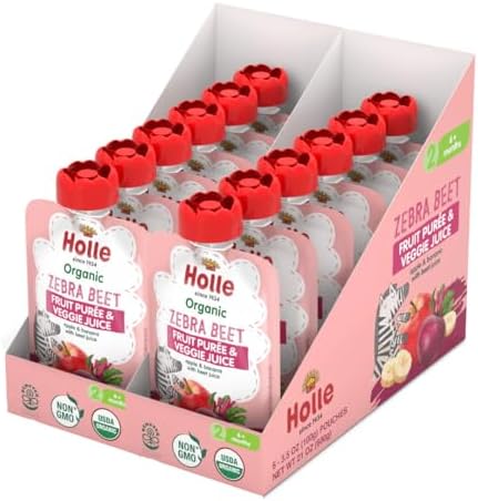Holle Organic Baby Food Pouches, Zebra Beet Fruit & Veggie Purée, 12 Pack, 3.5 oz, Apple Banana Beet Root, USDA Organic, Non-GMO, Biodynamic, No Added Sugar or Salt, Baby Snack 6+ Months