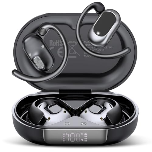Open Ear Headphones, Bluetooth 5.4 Earphones 36H Playtime Air Conduction Headphones with Mic, Adjustable Earhook Earbuds with ENC Clear Calls/LED Display, IPX7 Waterproof Open Ear Earbuds Black