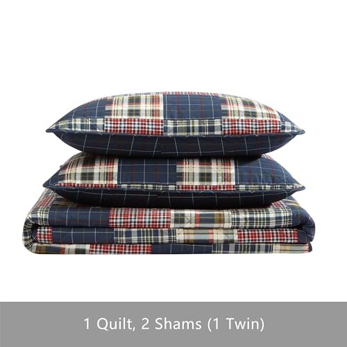 Image of Eddie Bauer - Twin Quilt Set with Sham, Reversible Cotton Bedding, Lightweight All-Season, Dorm Room Essentials, Madrona Plaid Navy /Red