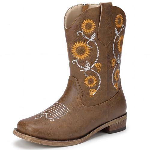 Bybmorto Girls Cowboy Boots with Sunflower Embroidery Western Cowgirl Boots for Toddler/Little/Big Kids Square Toe Side Zipper Non-Slip Shoes for Daily Birthday Wear