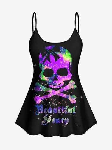 ROSE GAL Rosegal Plus Size Women Gothic Tummy Control Tankini Swimsuit Skull Glitter Print Boyleg Padded Tankini Swimwear3