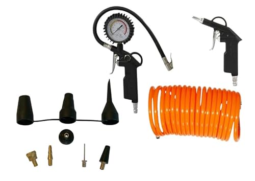 DAHLMANN Druckluft-Set 11-TLG Reifenfüller Spiralschlauch Ausblaspistole Adapterset Metall