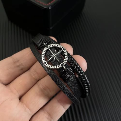 Image of Black Braided Leather Bracelet For Men