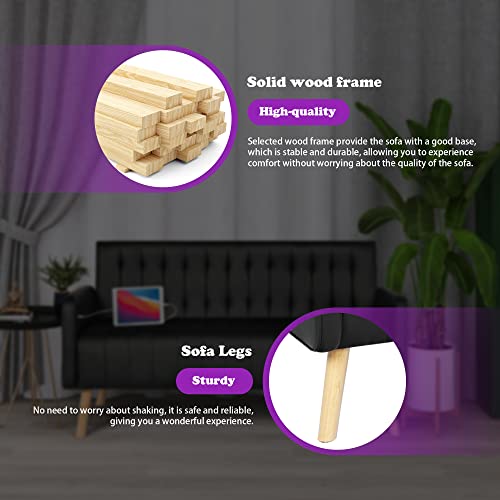 Tyboatle 57" W Modern Striped Pu Leather Loveseat Sofa W/ 2 Usb Charging Ports, Mid Century Couch For Small Space Configuration, Living Room, Office, Apartment, Dorm, Black #TOP4