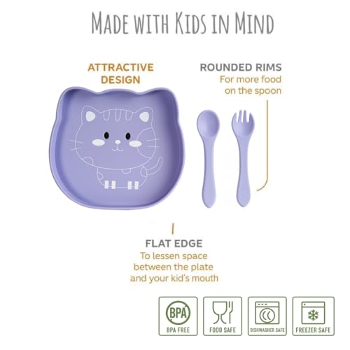 Image of TIGGY & BONNET Cat 2 Pcs Silicone Baby Feeding Set for Baby Bpa-Free | Microwave Safe, Anti-Slip Base | Tableware Kit for Babies & Toddlers with Suction Plate & Spoon