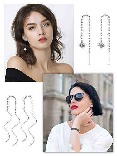12 Pairs Stainless Steel Threader Earrings for Women Double Twist Wave Chain Tassel Earrings Threader Lightweight Minimalist Long Bar Arrow Drop Dangle Chain Set 6