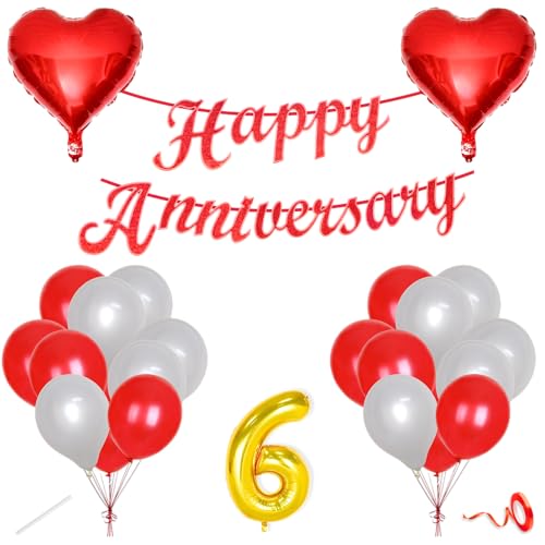Image of Flyloons 6th Happy Anniversary Decoration Items Red White for Men Women Husband Wife Mom Dad Parent Couple Home Bedroom Car With 20 Pcs Metallic Balloons Anniversary Banner 2 Pcs Heart Set Kit