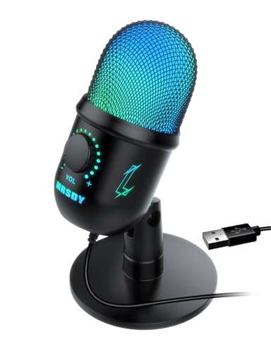 MRSDY Micrófono USB para juegos, Plug & Play, micrófono condensador de podcast, botón de silencio para transmisión, grabación, ganancia de volumen, monitor, reducción de ruido, chat en línea,