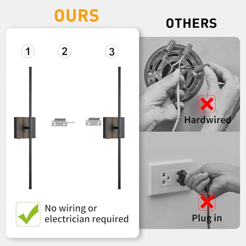 Image of Battery Operated Wall Sconces Set of Two Wireless with Remote Control,350Rotate,3000K-6000K Black Modern LED Rechargeable Indoor Wall Lights for Living Room,Bedroom,Stairs,27.5 Inch (2 Pack)