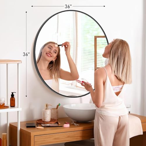 Image of Simple Deluxe 36 Inch Round Bathroom Mirror, Black Vanity Mirror with Metal Frame, Modern Circle for Bathroom, Entryway, Bedroom, Living Room, Wall Mounted Decorative Mirrors (Black)