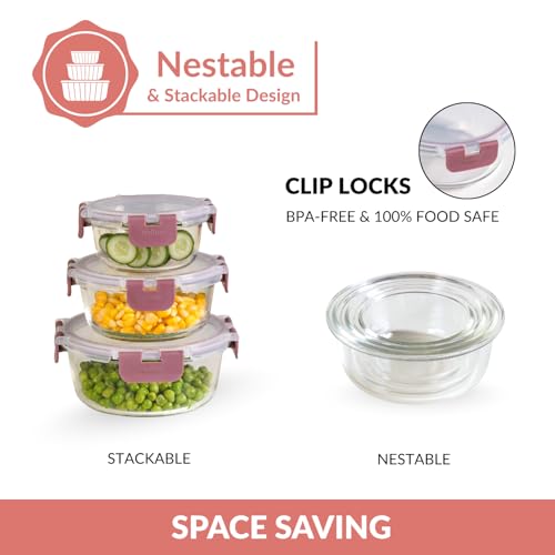 Image of Nestasia Nestro Airtight Glass Containers with Lid Set of 3 (215ml, 400ml, 600ml) | Spill Proof Round Glass Containers with Break Free Lock - Microwave, Dishwasher & Freezer Safe (Mauve)