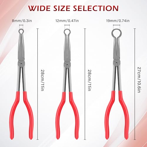 Image of TOOLEAGUE 3Pcs Extra Long Hose Gripper Pliers Set, 11 inch Long Reach Pliers,5 /16-Inch, 1 /2-Inch, 3 /4-Inch Dia,O-shape Tip Craft Repairing Tool,Offset Spark Plug Boot Removal Tool