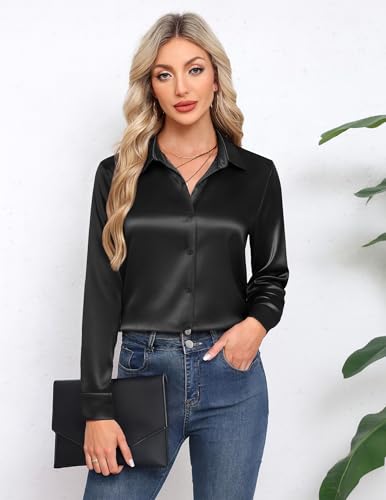 HOTOUCH Satin Shirts for Women Silk Button Down V Neck Dressy Casual Blouse Loose Long Sleeve Office Work Tunic Tops2