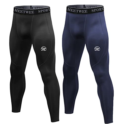 Meetwee Men's Compression Pants, Cool Dry Running Athletic Tights Workout Leggings Long Base Layer For Gym Fitness Sports (Black+Blue, X-Large) #TOP8