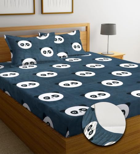 Image of NEW LEAF Premium Cotton Elastic Fitted Bedsheets with 2 King Size Pillow Covers | Double Bed with All Around Elastic 180 TC Supersoft | Size - 72 King Sizex78+10 inches | Navy Panda