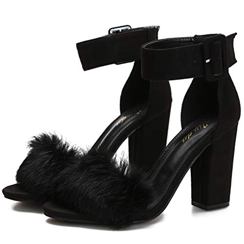 Jiu du Chunky Heels for Women Fur Feather High Heels Open Toe Ankle Strap Fuzzy Fluffy Block Heeled Shoes Prom Party Dance2